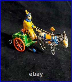 Antique Tin Litho Toy Circus Clown With Horse & Cart Metal Wind Up Toy