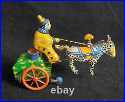 Antique Tin Litho Toy Circus Clown With Horse & Cart Metal Wind Up Toy