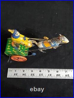 Antique Tin Litho Toy Circus Clown With Horse & Cart Metal Wind Up Toy