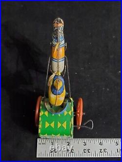 Antique Tin Litho Toy Circus Clown With Horse & Cart Metal Wind Up Toy