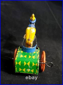 Antique Tin Litho Toy Circus Clown With Horse & Cart Metal Wind Up Toy