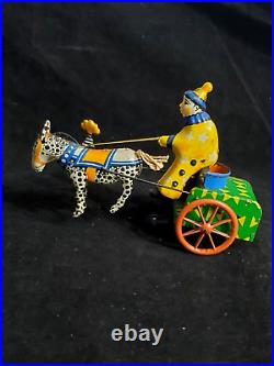 Antique Tin Litho Toy Circus Clown With Horse & Cart Metal Wind Up Toy