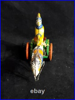 Antique Tin Litho Toy Circus Clown With Horse & Cart Metal Wind Up Toy