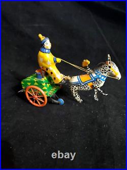 Antique Tin Litho Toy Circus Clown With Horse & Cart Metal Wind Up Toy