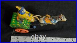 Antique Tin Litho Toy Circus Clown With Horse & Cart Metal Wind Up Toy