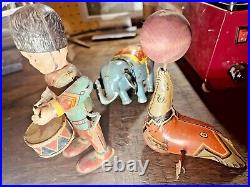 Antique Tin Wind Up Toys Circus Elephant withFloppy Ears, Seal with Ball & Drummer