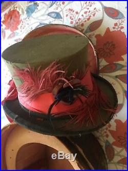 Antique Top Hat Brown Leather Box Silk Vintage Circus Georgian Victorian feather