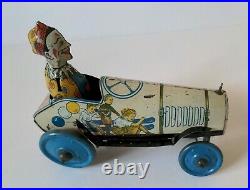Antique Unique Art Mfg Co Tin Toy Krazy Kar Circus Clown Wind-Up Car 1920s