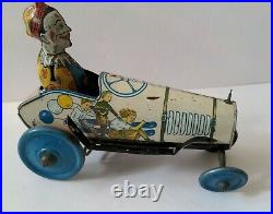 Antique Unique Art Mfg Co Tin Toy Krazy Kar Circus Clown Wind-Up Car 1920s