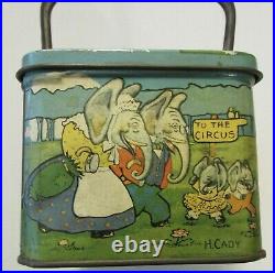 Antique United Happiness Candy Store Tin Litho Elephant Lunch Pail Circus Cady