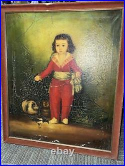 Antique Victorian Oil Painting Circus Child With Animals