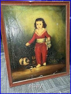 Antique Victorian Oil Painting Circus Child With Animals