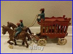 Antique Vintage Cast Iron Toy OVERLAND CIRCUS Wagon 2 Horses, 3 Riders & 1 Bear
