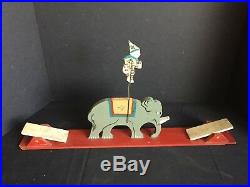 Antique Vintage Wooden Mechanical Circus Toy with Elephant and Jumping Clown