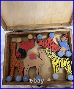 Antique Wooden Circus Animals On Wheels In Original Box