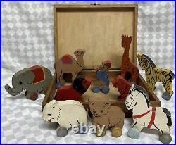 Antique Wooden Circus Animals On Wheels In Original Box