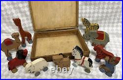 Antique Wooden Circus Animals On Wheels In Original Box