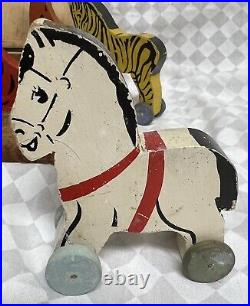 Antique Wooden Circus Animals On Wheels In Original Box