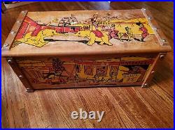 Antique Wooden Circus Toy Box Vintage 1950s Chest Bright Graphics NICE