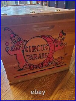 Antique Wooden Circus Toy Box Vintage 1950s Chest Bright Graphics NICE