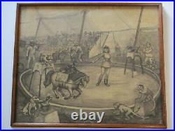 Antique Wpa Era Circus Painting Performers Dogs Animals Acrobats Vintage Listed