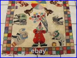 Antique or Vintage folk art hooked rug animals and clowns 60 by 38 Circus