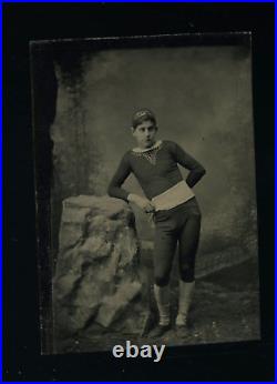 Antique tintype photo boy in Unusual Circus Costume acrobat 1800s 1800s Rare