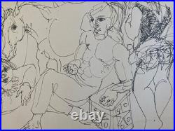 Beautiful Drawing 1958 Ink Circus Horse Man Woman Art to Identify Antique 20th