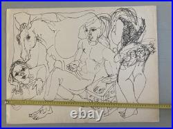 Beautiful Drawing 1958 Ink Circus Horse Man Woman Art to Identify Antique 20th