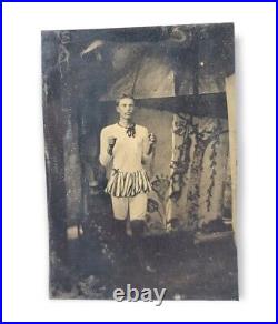 C. 1880/90s Tintype Acrobat Circus Performer Man Standing In Uniform by tent