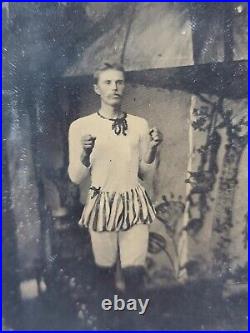 C. 1880/90s Tintype Acrobat Circus Performer Man Standing In Uniform by tent