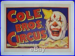 C. 1940s Cole Bros Circus Clown Poster Vintage Original