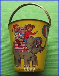 C1950 Tinplate Seaside Sand Pail Bucket with Circus Elephant and Hedgehog