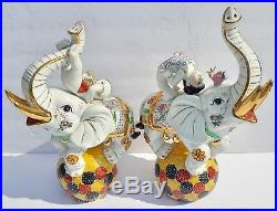 Ceramic Satsuma Circus Elephant Pair Vintage Antique Japanese Art Sculptures