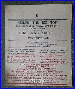 Circa 1920's Antique Cape Cod Hyannis 3 Ring Circus Mill Hill Pavilion Broadside