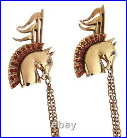 Circus Horse Racehorse Double Brooch Chatelaine Polished Gold Rhinestone Reja