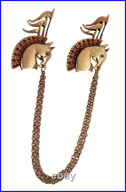 Circus Horse Racehorse Double Brooch Chatelaine Polished Gold Rhinestone Reja