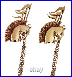 Circus Horse Racehorse Double Brooch Chatelaine Polished Gold Rhinestone Reja