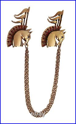 Circus Horse Racehorse Double Brooch Chatelaine Polished Gold Rhinestone Reja