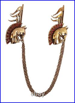 Circus Horse Racehorse Double Brooch Chatelaine Polished Gold Rhinestone Reja