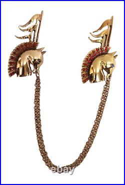 Circus Horse Racehorse Double Brooch Chatelaine Polished Gold Rhinestone Reja