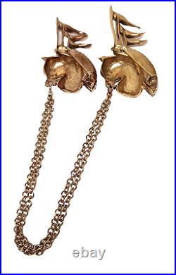 Circus Horse Racehorse Double Brooch Chatelaine Polished Gold Rhinestone Reja