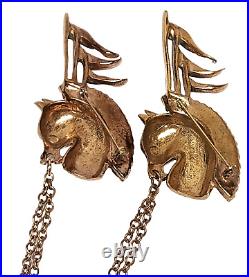 Circus Horse Racehorse Double Brooch Chatelaine Polished Gold Rhinestone Reja