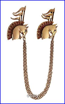 Circus Horse Racehorse Double Brooch Chatelaine Polished Gold Rhinestone Reja