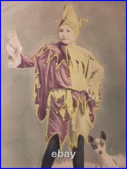 Circus Theatre Antique Hand Colored Photograph Boy Clown Fool Fox Terrier Dog