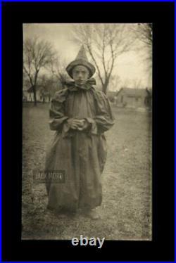 Creepy Kid Circus Clown Antique 1910s Halloween Costume RPPC Photo Black & White