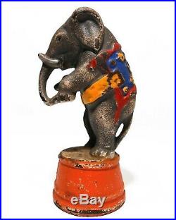 EARLY 20TH C VINT CAST IRON STANDING CIRCUS ELEPHANT BANK, WithORIG ENAMEL PAINT