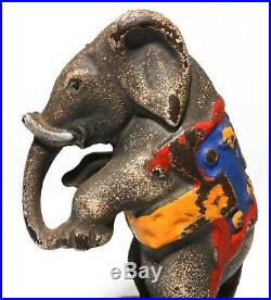 EARLY 20TH C VINT CAST IRON STANDING CIRCUS ELEPHANT BANK, WithORIG ENAMEL PAINT
