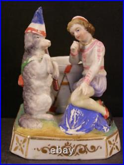 Early 1800's Circus Dog Porcelain Match Safe Holder Striker Figurine Statue Drum