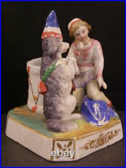 Early 1800's Circus Dog Porcelain Match Safe Holder Striker Figurine Statue Drum